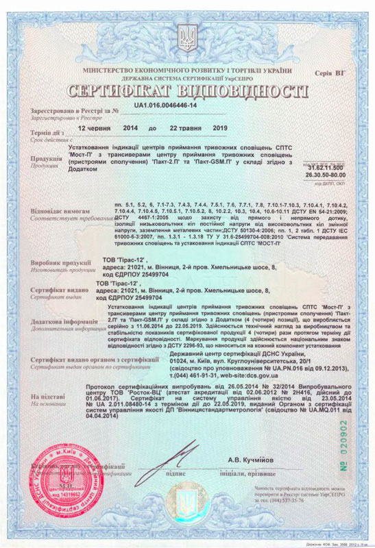 сертифікат пульту пожежного моніторингу